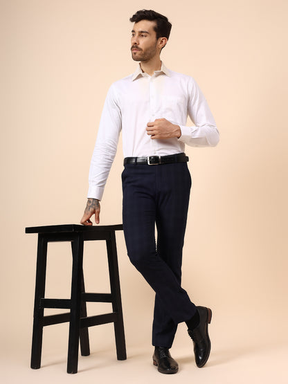 Men's Navy Blue Checkered Non Plated Regular Fit Formal Trouser