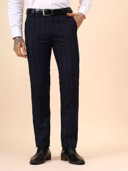 Men's Navy Blue Checkered Non Plated Regular Fit Formal Trouser