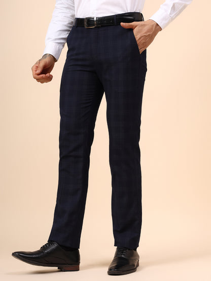 Men's Navy Blue Checkered Non Plated Regular Fit Formal Trouser