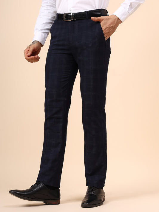 Men's Navy Blue Checkered Non Plated Regular Fit Formal Trouser