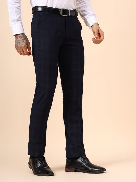 Men's Navy Blue Checkered Non Plated Regular Fit Formal Trouser
