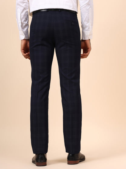Men's Navy Blue Checkered Non Plated Regular Fit Formal Trouser