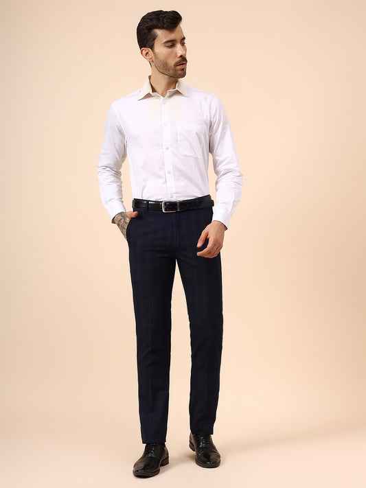 Men's Navy Blue Checkered Non Plated Regular Fit Formal Trouser