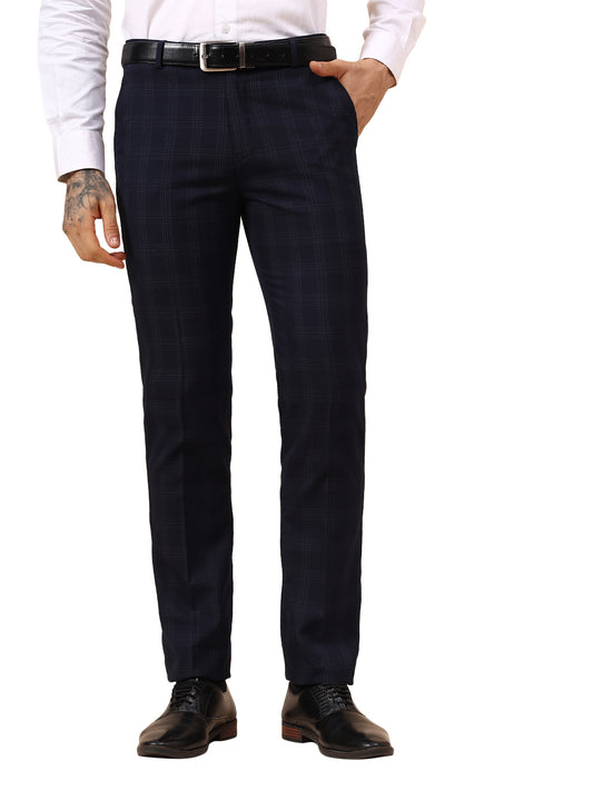 Men's Navy Blue Checkered Non Plated Regular Fit Formal Trouser