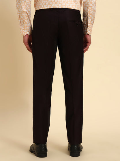 Men Wine Self Design Regular Fit Formal Trouser