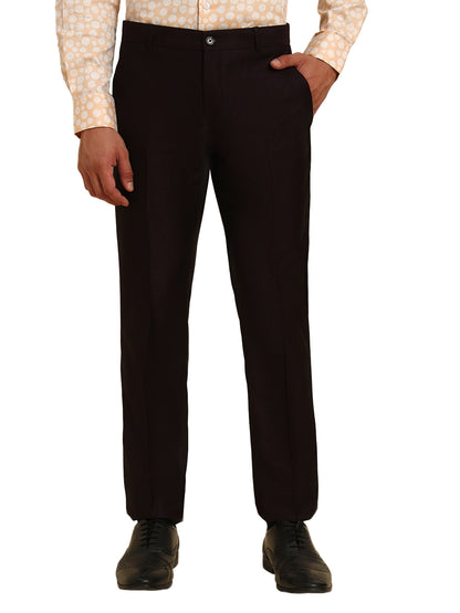 Men Wine Self Design Regular Fit Formal Trouser