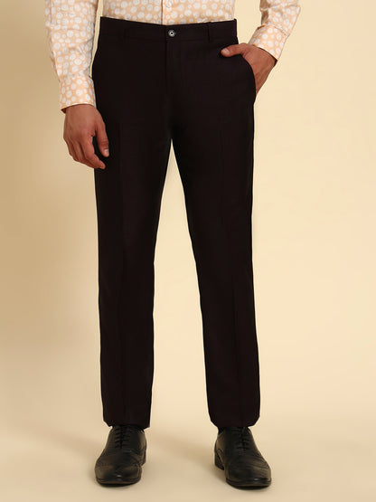 Men Wine Self Design Regular Fit Formal Trouser