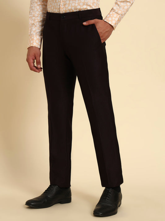 Men Wine Self Design Regular Fit Formal Trouser