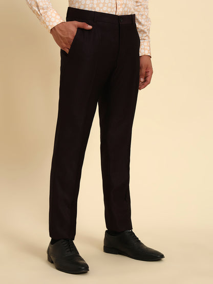 Men Wine Self Design Regular Fit Formal Trouser