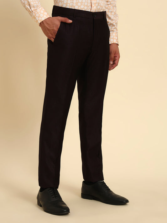 Men Wine Self Design Regular Fit Formal Trouser
