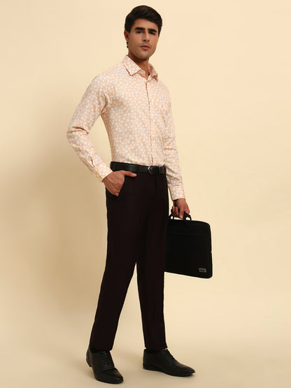 Men Wine Self Design Regular Fit Formal Trouser