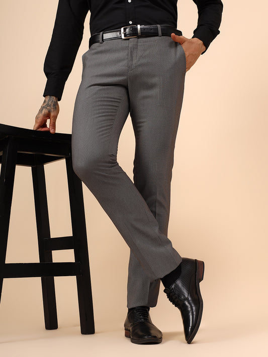 Men's Grey Self Design Non Plated Regular Fit Formal Trouser
