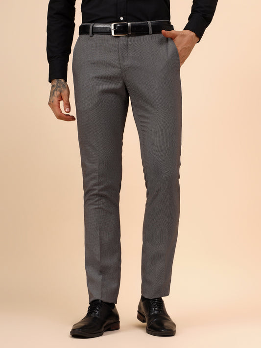 Men's Grey Self Design Non Plated Regular Fit Formal Trouser