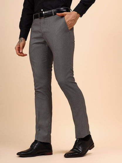 Men's Grey Self Design Non Plated Regular Fit Formal Trouser
