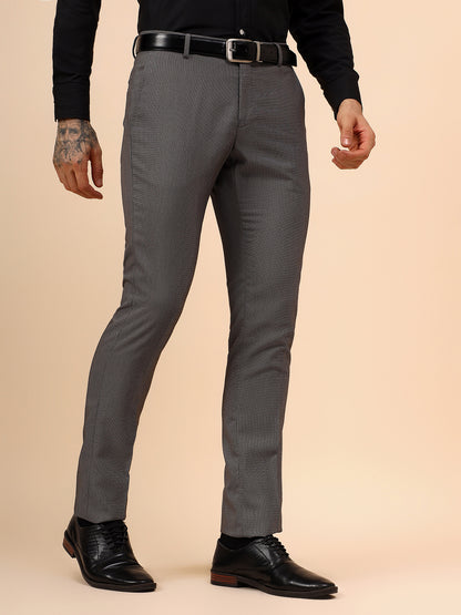 Men's Grey Self Design Non Plated Regular Fit Formal Trouser