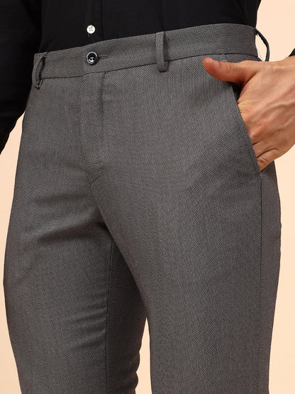 Men's Grey Self Design Non Plated Regular Fit Formal Trouser