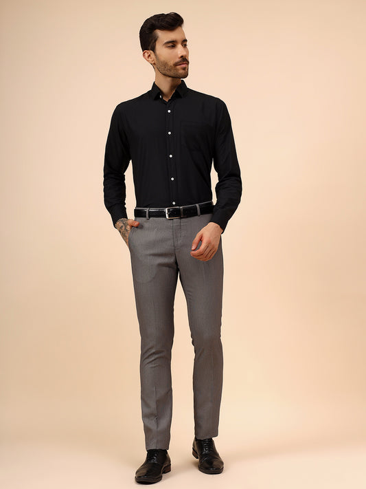 Men's Grey Self Design Non Plated Regular Fit Formal Trouser