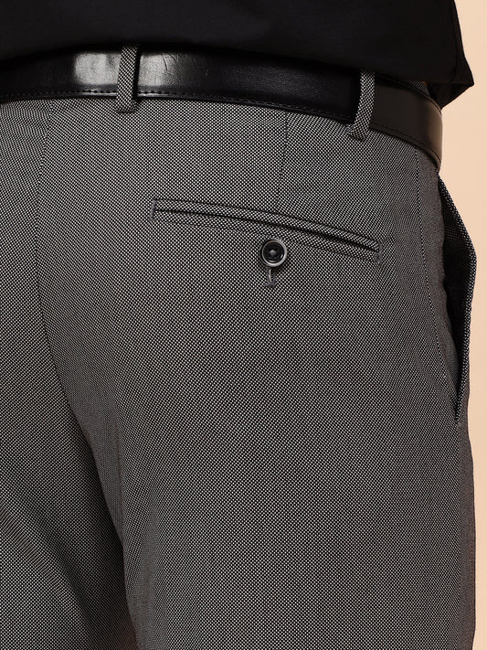 Men's Grey Self Design Non Plated Regular Fit Formal Trouser