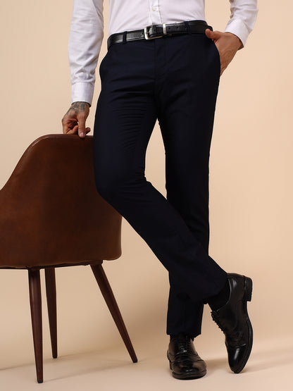 Men's Navy Blue Self Design Non Plated Regular Fit Formal Trouser