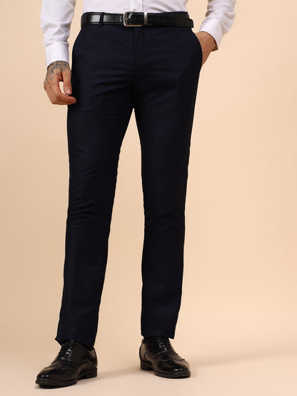 Men's Navy Blue Self Design Non Plated Regular Fit Formal Trouser
