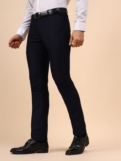 Men's Navy Blue Self Design Non Plated Regular Fit Formal Trouser