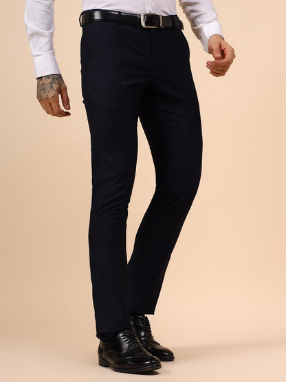 Men's Navy Blue Self Design Non Plated Regular Fit Formal Trouser