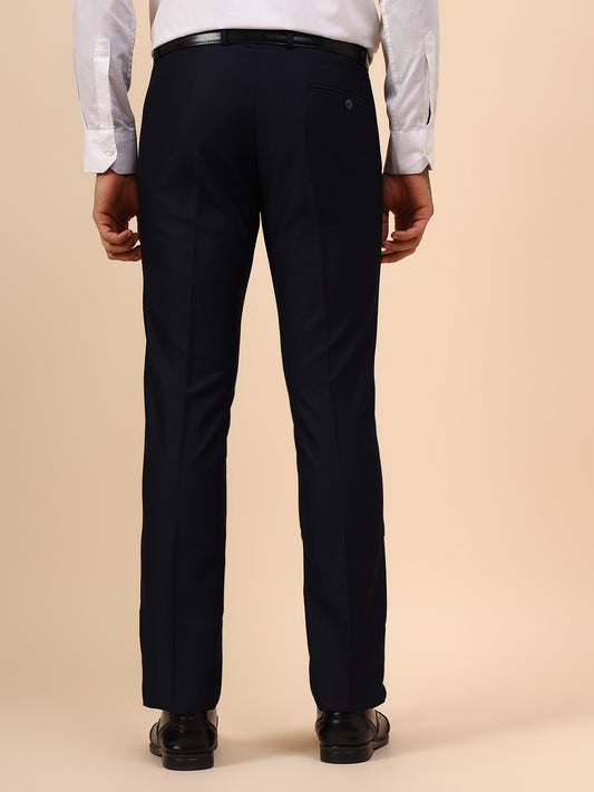 Men's Navy Blue Self Design Non Plated Regular Fit Formal Trouser