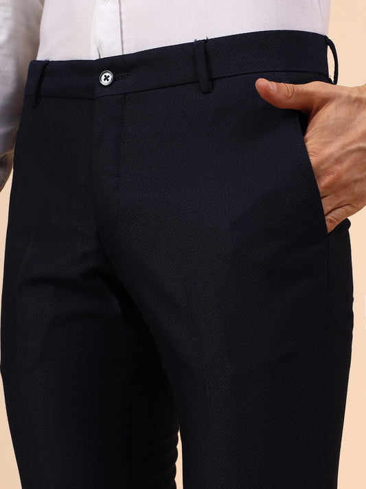 Men's Navy Blue Self Design Non Plated Regular Fit Formal Trouser