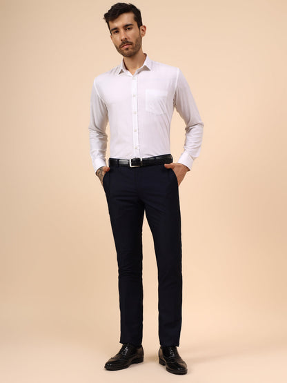 Men's Navy Blue Self Design Non Plated Regular Fit Formal Trouser