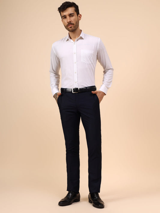 Men's Navy Blue Self Design Non Plated Regular Fit Formal Trouser