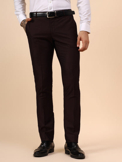 Men's Wine Self Design Non Plated Regular Fit Formal Trouser