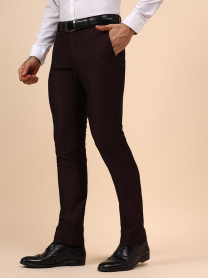 Men's Wine Self Design Non Plated Regular Fit Formal Trouser
