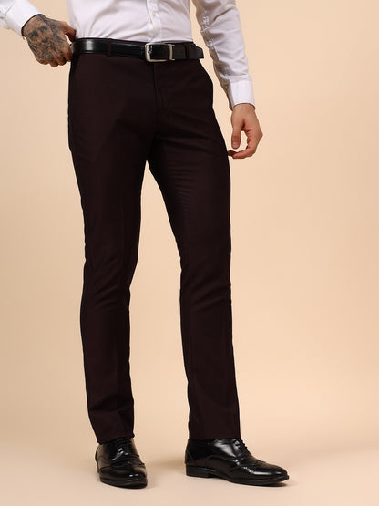 Men's Wine Self Design Non Plated Regular Fit Formal Trouser