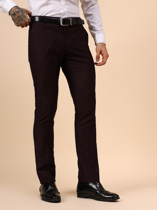 Men's Wine Self Design Non Plated Regular Fit Formal Trouser