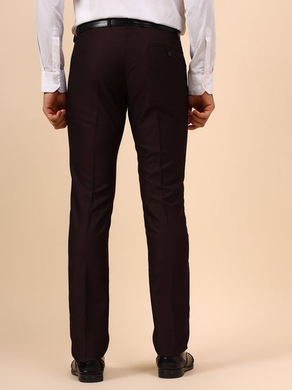 Men's Wine Self Design Non Plated Regular Fit Formal Trouser