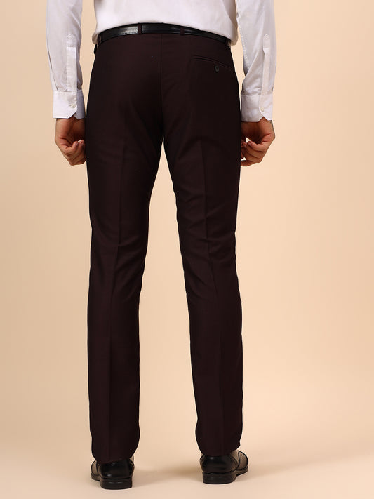 Men's Wine Self Design Non Plated Regular Fit Formal Trouser