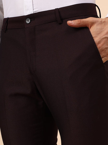 Men's Wine Self Design Non Plated Regular Fit Formal Trouser