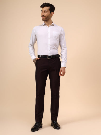 Men's Wine Self Design Non Plated Regular Fit Formal Trouser