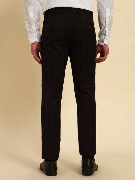 Men Wine Checkered Regular Fit Formal Trouser