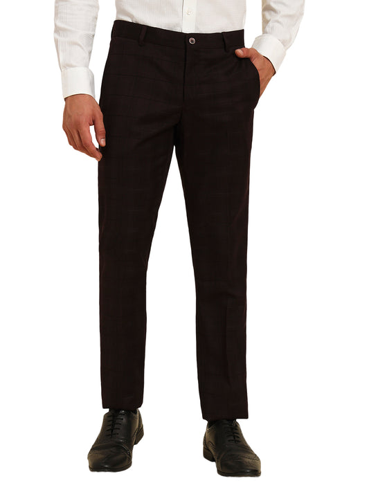 Men Wine Checkered Regular Fit Formal Trouser