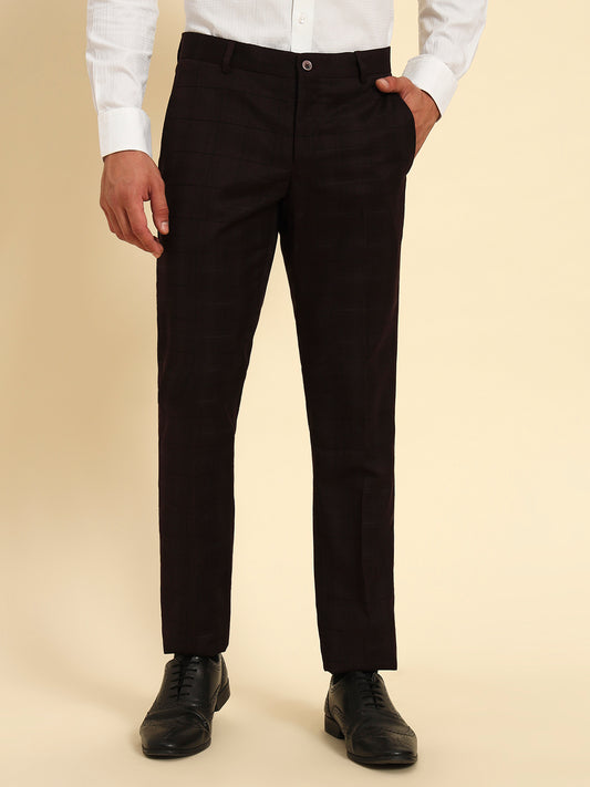 Men Wine Checkered Regular Fit Formal Trouser