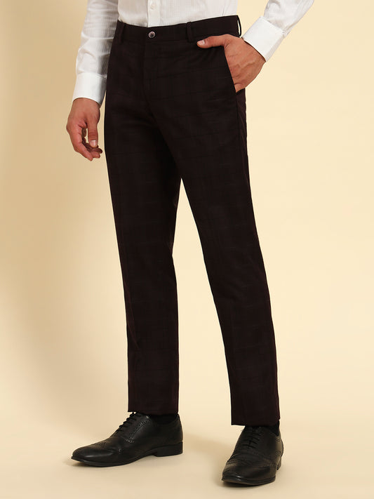 Men Wine Checkered Regular Fit Formal Trouser