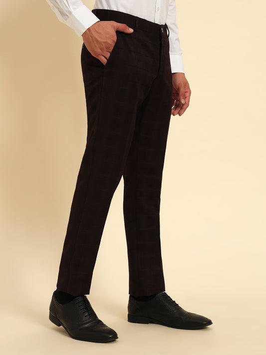 Men Wine Checkered Regular Fit Formal Trouser