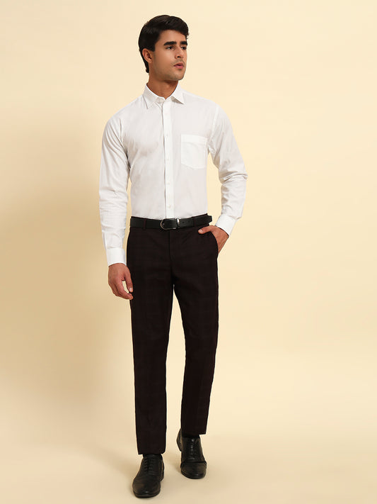 Men Wine Checkered Regular Fit Formal Trouser