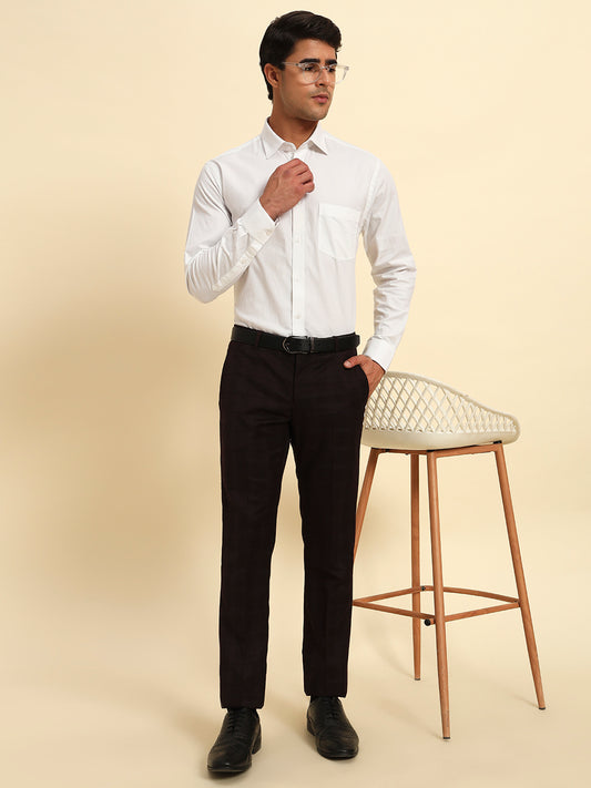 Men Wine Checkered Regular Fit Formal Trouser