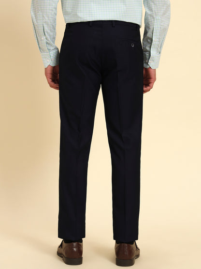 Men Navy Blue Self Design Regular Fit Formal Trouser