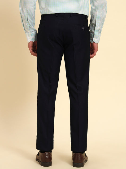 Men Navy Blue Self Design Regular Fit Formal Trouser