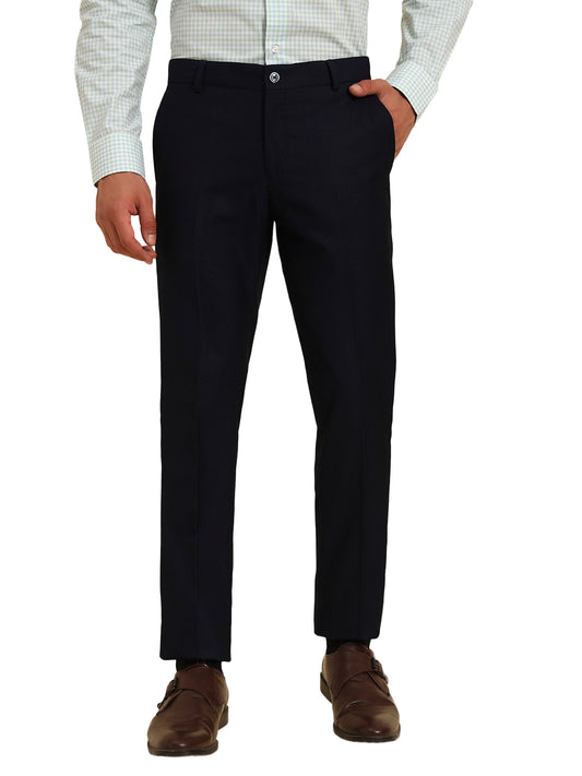 Men Navy Blue Self Design Regular Fit Formal Trouser