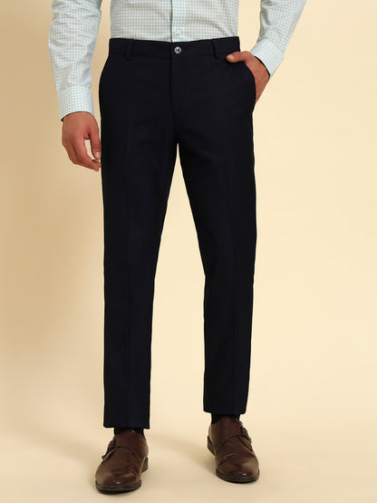 Men Navy Blue Self Design Regular Fit Formal Trouser