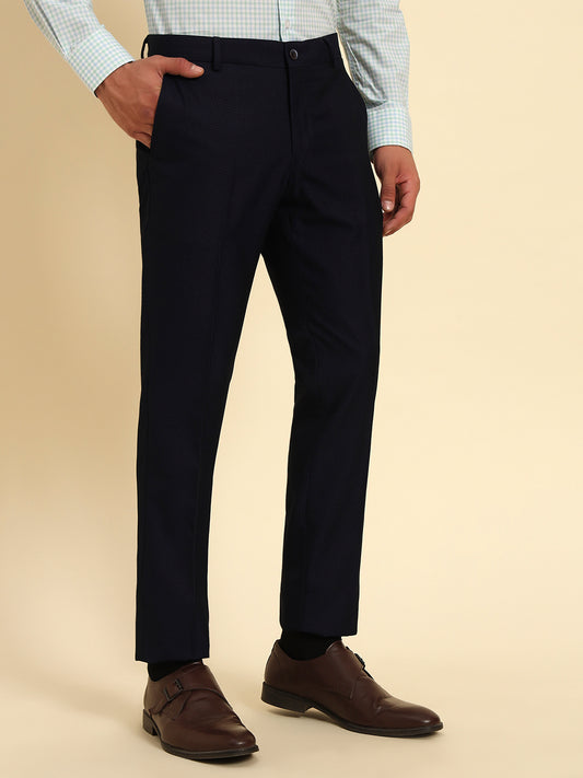 Men Navy Blue Self Design Regular Fit Formal Trouser